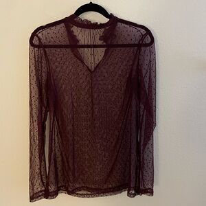 Halogen Ruffle Neck Swiss Dot Mesh Top in Burgundy - Size Small